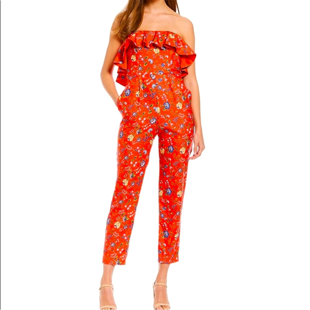 Gianni Bini Floral Red Strapless Jumpsuit